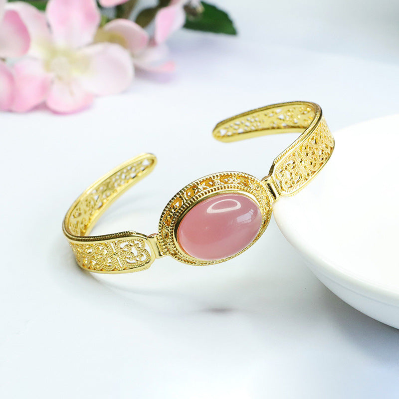 Pink Chalcedony Sterling Silver Bracelet with Golden Opening