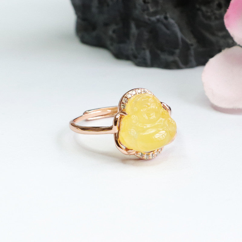 S925 Sterling Silver Adjustable Buddha Ring with Beeswax Amber