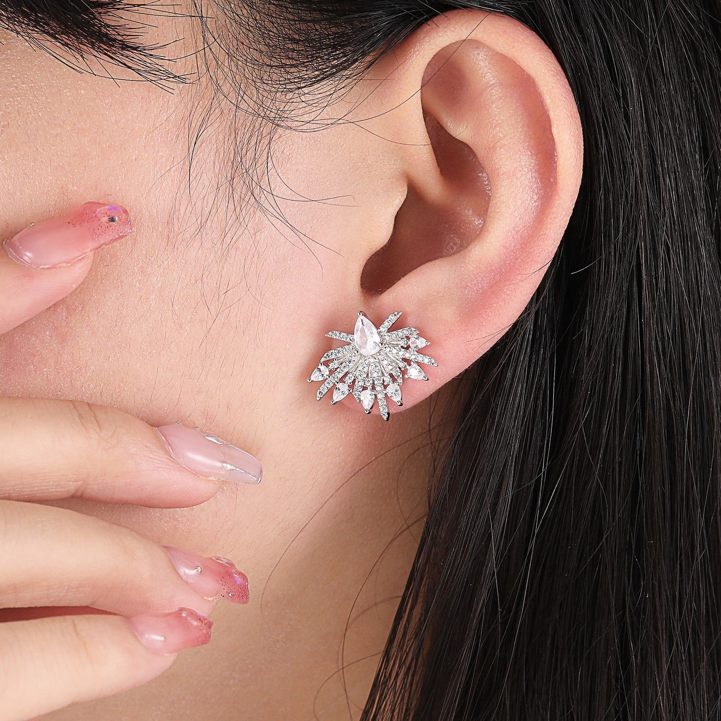 Pear Shape Zircon Firework Sterling Silver Stud Earrings