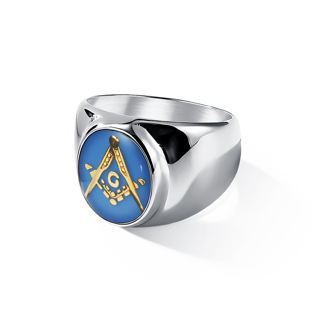 Blue Enamel Masonic 18K Gold-Plated Stainless Steel Ring for Men
