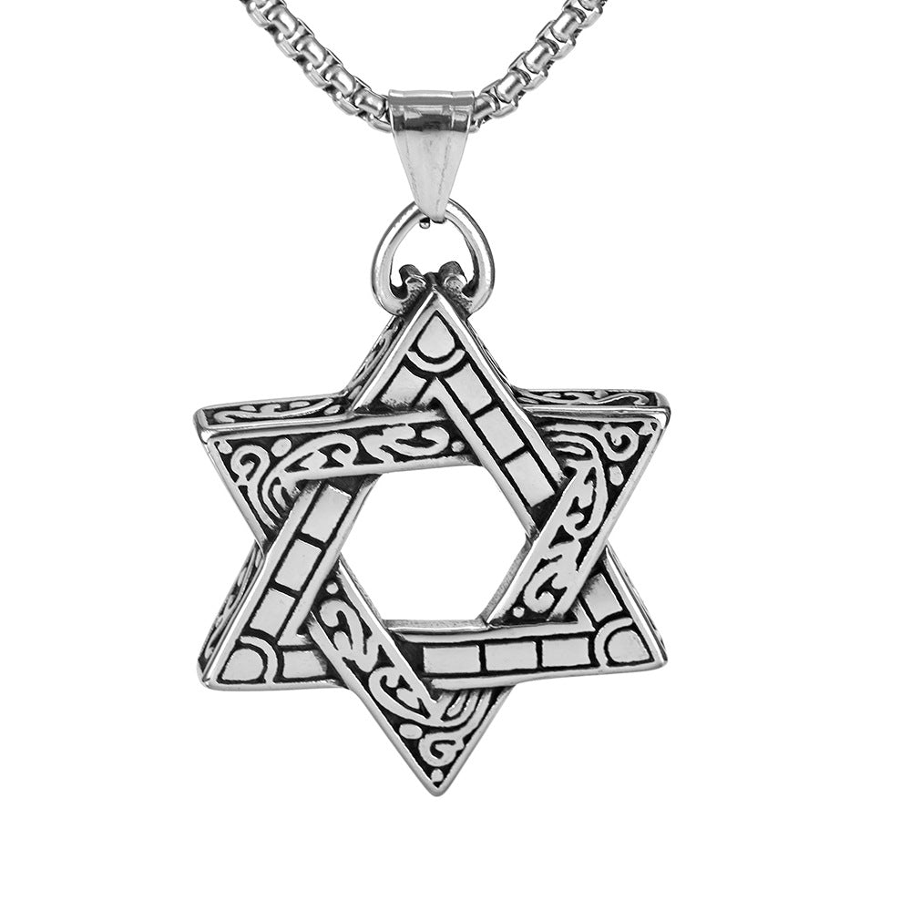 Retro Stainless Steel Men's Pendant Double-Sided Hexagram Necklace