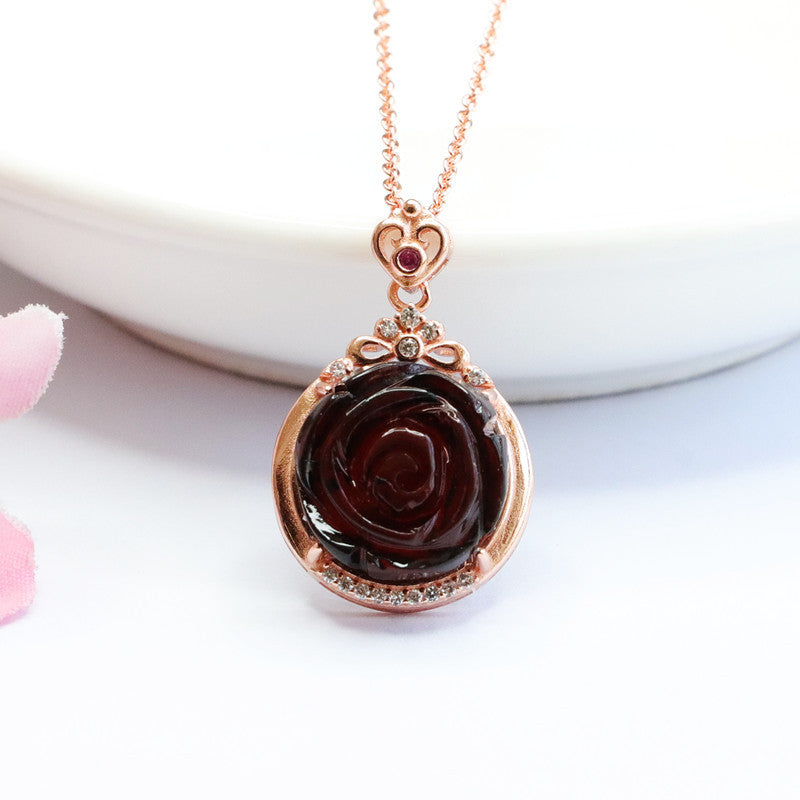 Natural Amber Rose Gold Necklace with Sterling Silver Pendant