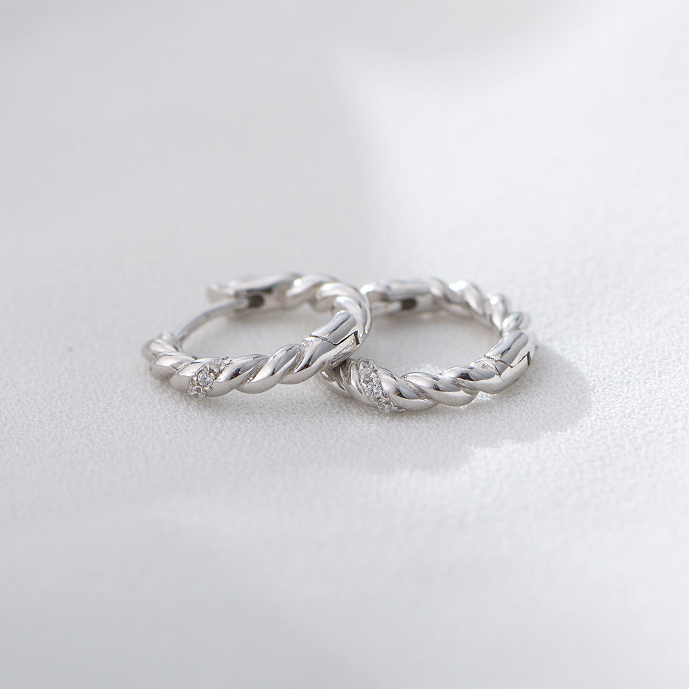 S925 Sterling Silver Earrings, Minimalist Twist Inlaid Zircon Ear Buckle Earrings, Gold-Plated Tremella