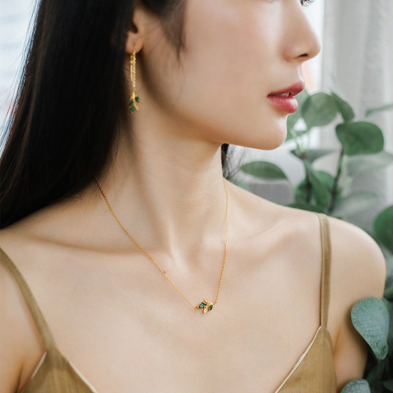 Green Zircon Olive Branch Leaf Sterling Silver Necklace