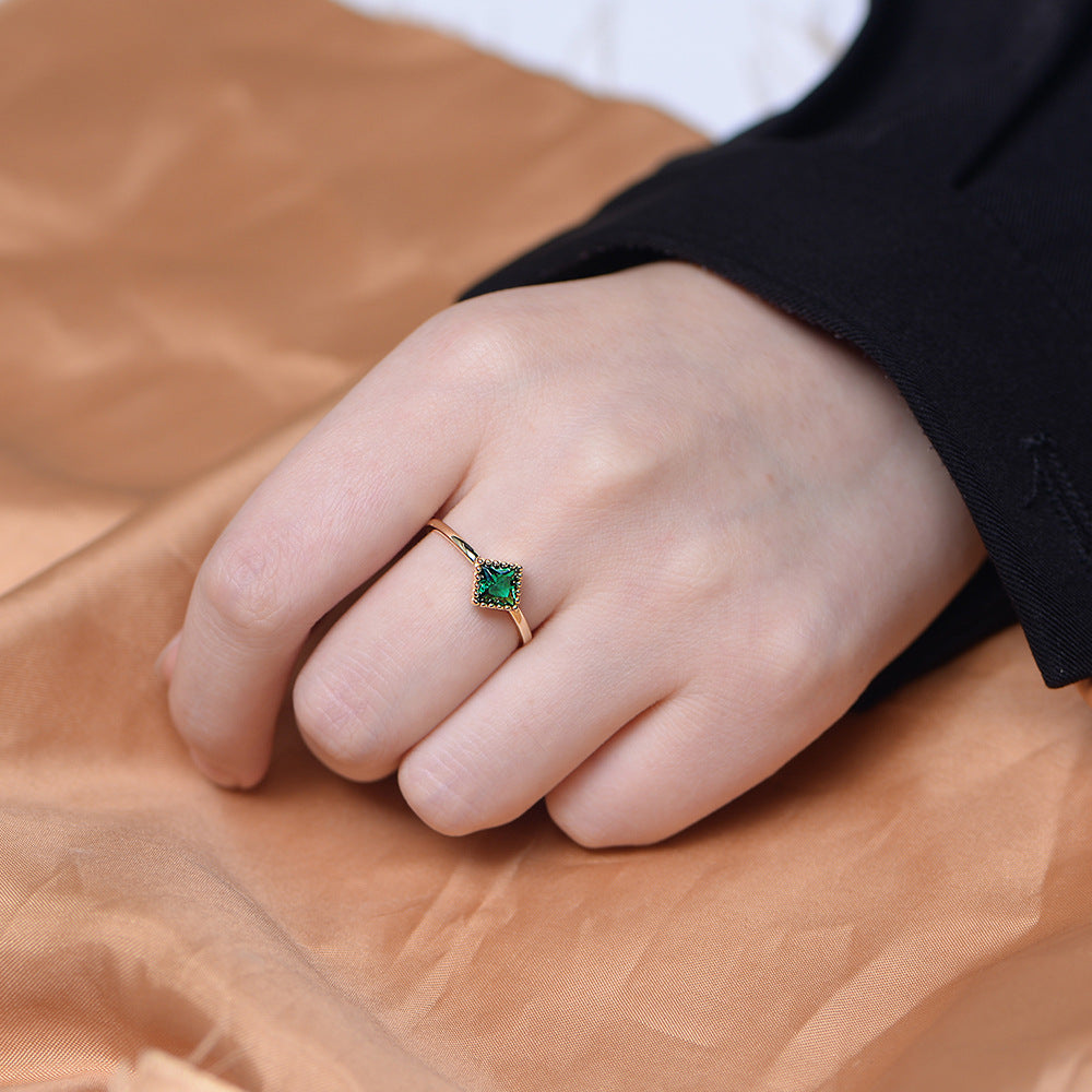 Square Emerald Colour Zircon Silver Ring