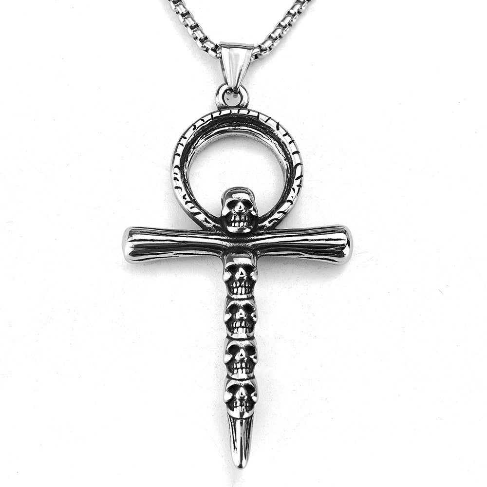 Vintage Men's Jewelry Stainless Steel Skull Cross Pendant Necklace