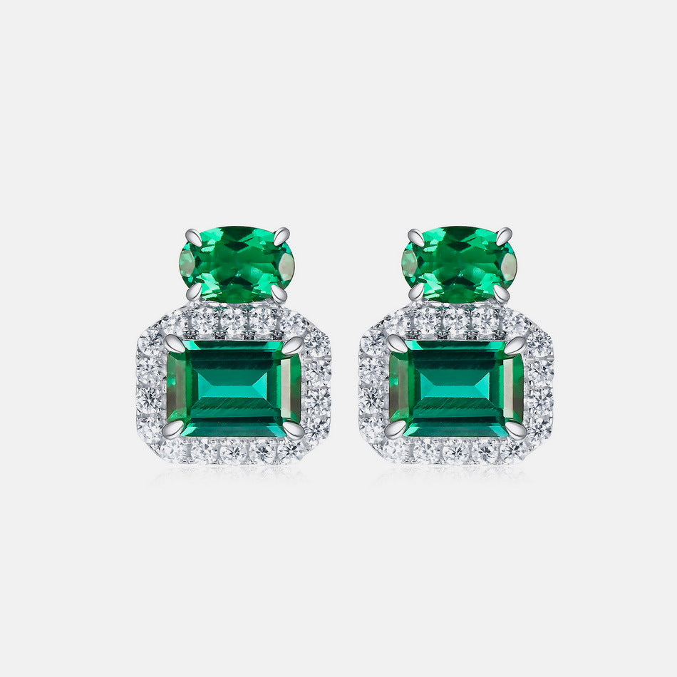 S925 Sterling Silver Lab-Grown Emerald Square Stud Earrings