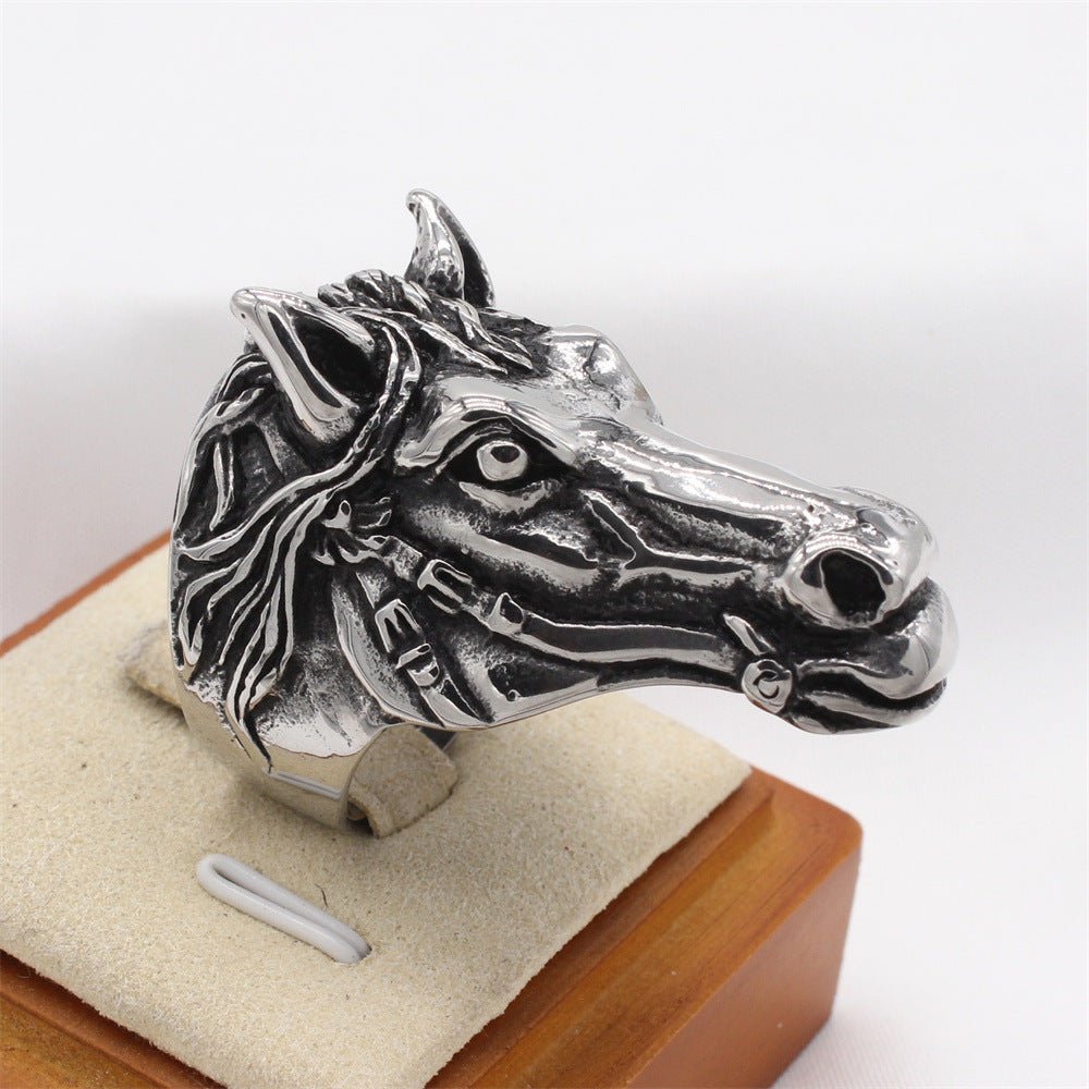 Planderful Titanium Steel Ring For Men Unisex Retro White Horse Design Size 7-12