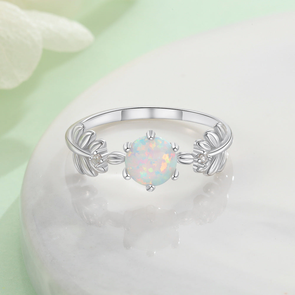 Planderful Jewelry Opal Leaf Ring In Sterling Silver S925 For Women Elegant Everyday Accessory