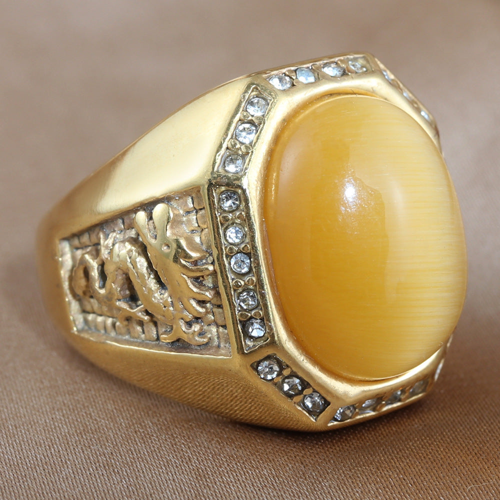 Titanium Steel Dragon Ring for Men - Retro Trendy Oval Stone Accessory