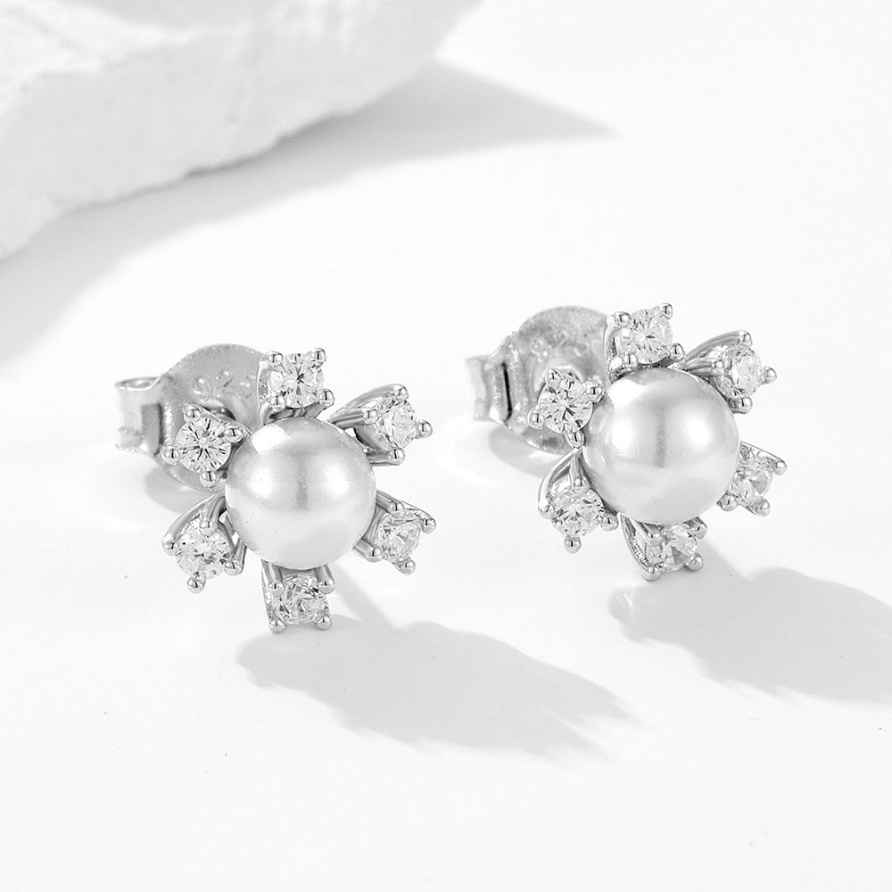 S925 Sterling Silver Pearl Earrings Exquisite Snowflake Zircon Stud Earrings Autumn And Winter