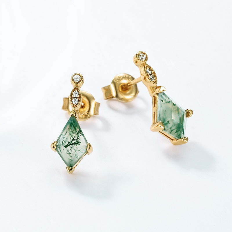 S925 Sterling Silver Moss Agate Minimalist Stud Earrings