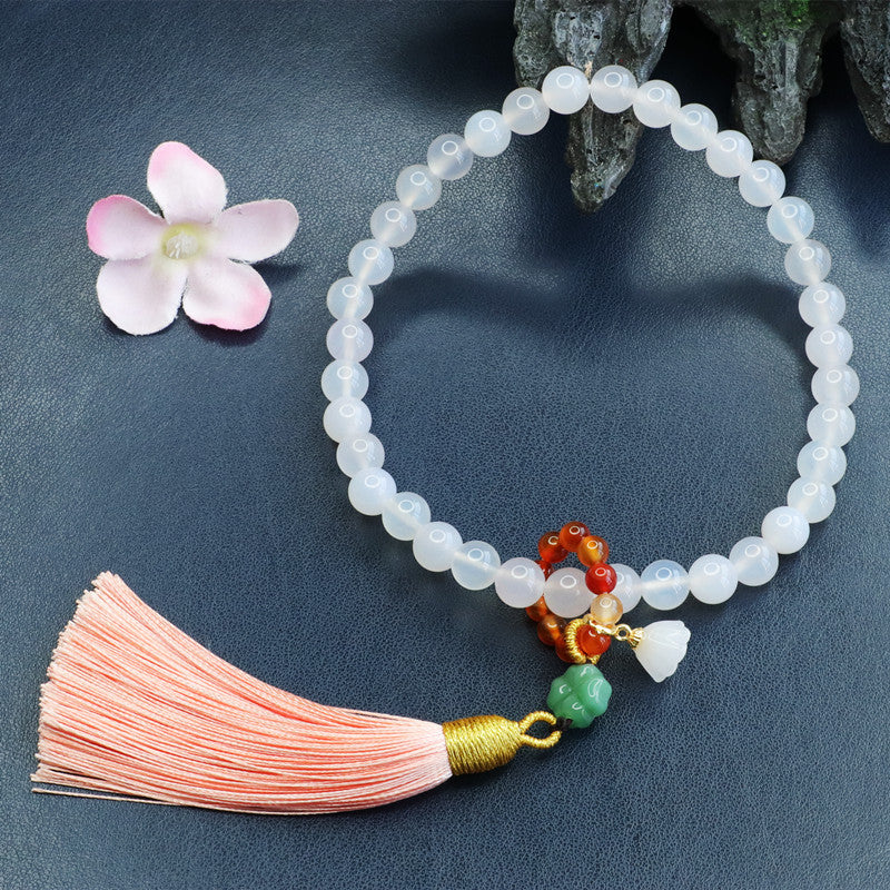 White Chalcedony Tassel Bracelet with Sterling Silver Detail