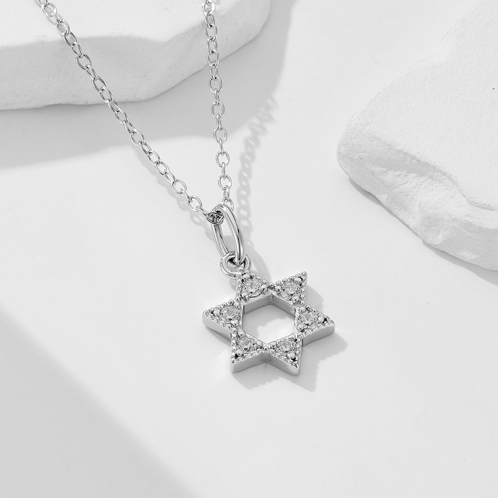 925 Sterling Silver Hexagram Hollow Pendant Necklace 14k Gold-Plated Zircon