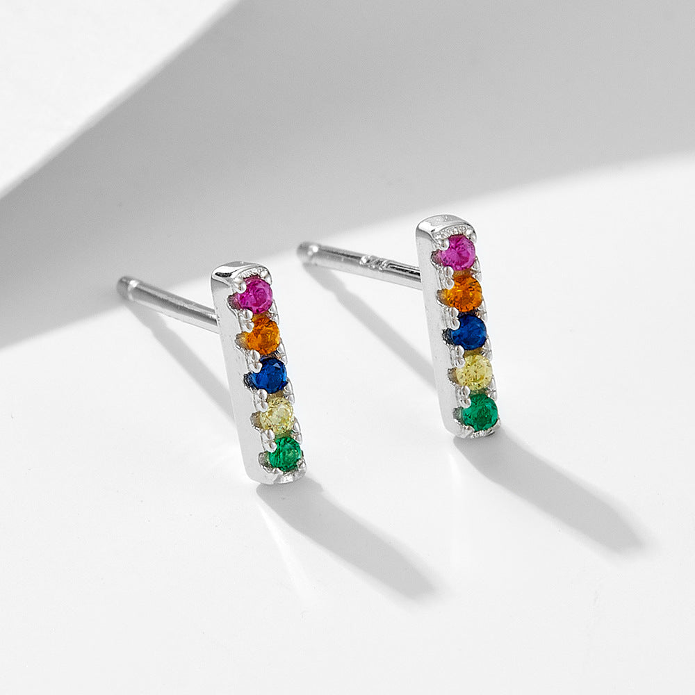 S925 Sterling Silver One-Shaped Micro-Inlaid Colored Zircon Stud Earrings And Square