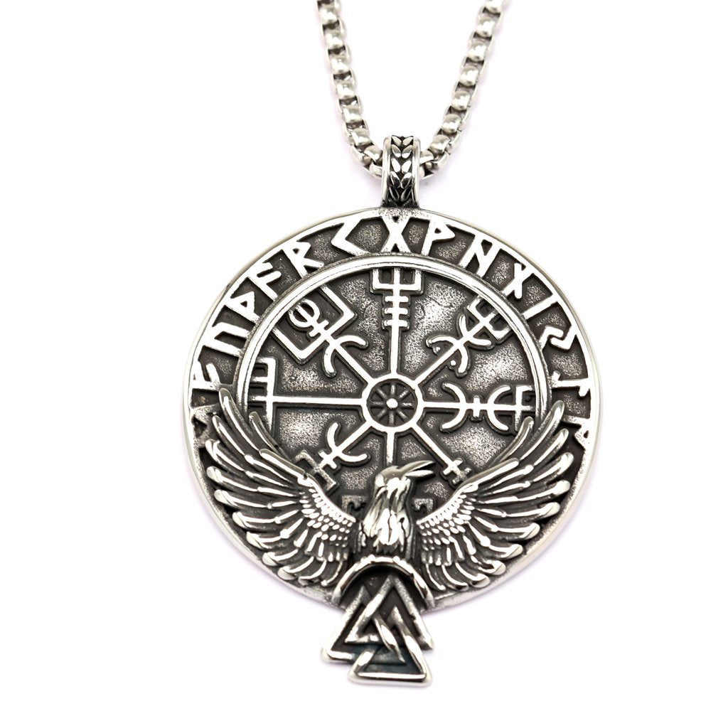 Planderful Viking Rune Compass Pendant Unisex Necklace Double Sided Retro Stainless Steel