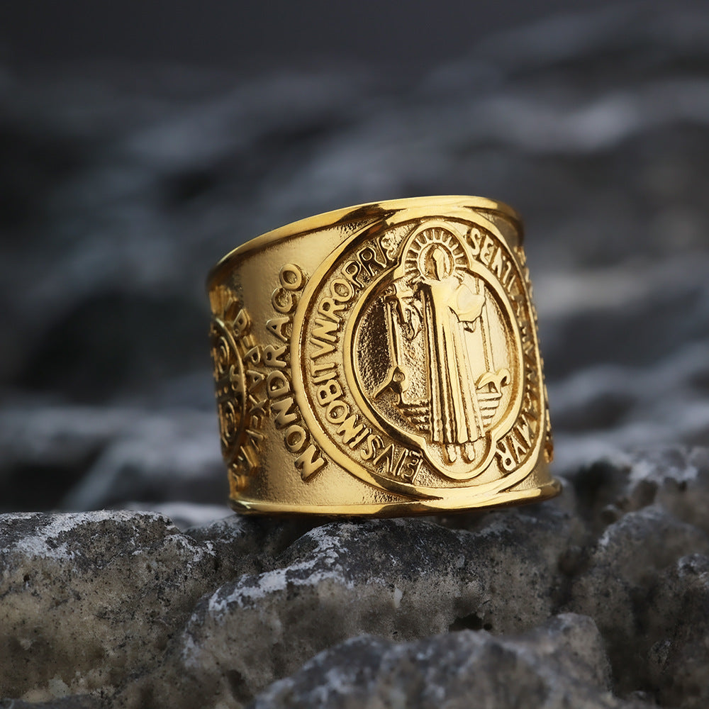 European And American Retro Stainless Steel Men's Ring Exorcism Saint Ben Cross Ring