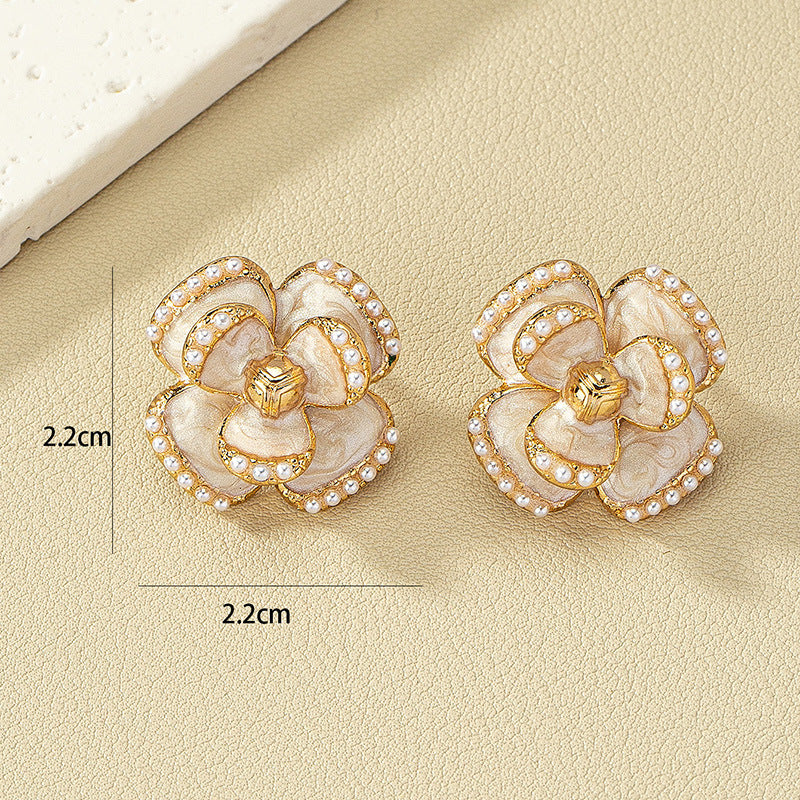 Enamel Coated Faux Pearl Floral Earrings Set, Vintage Chinese-inspired Design, Luxurious Touch, Floral Elegance, Trending Online, Bulk Purchase Option