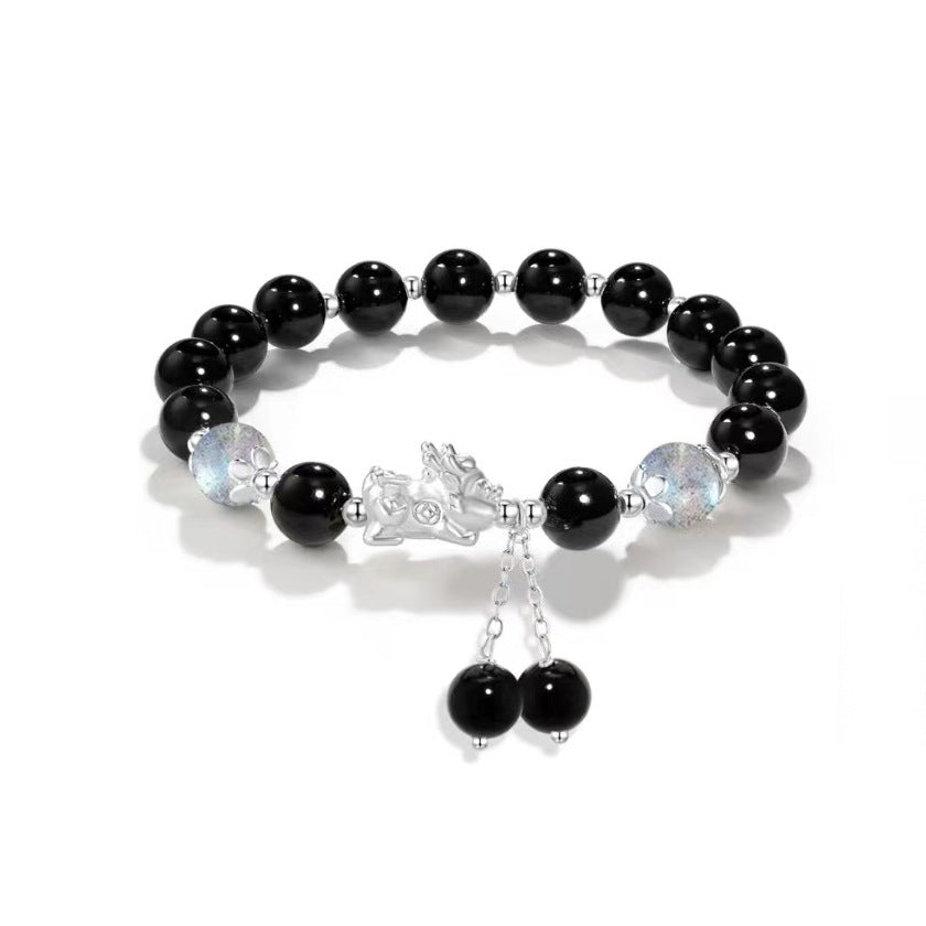 Natural Black Agate and Gray Moonlight Opal Couple Bracelets with Pixiu Fortune Charm