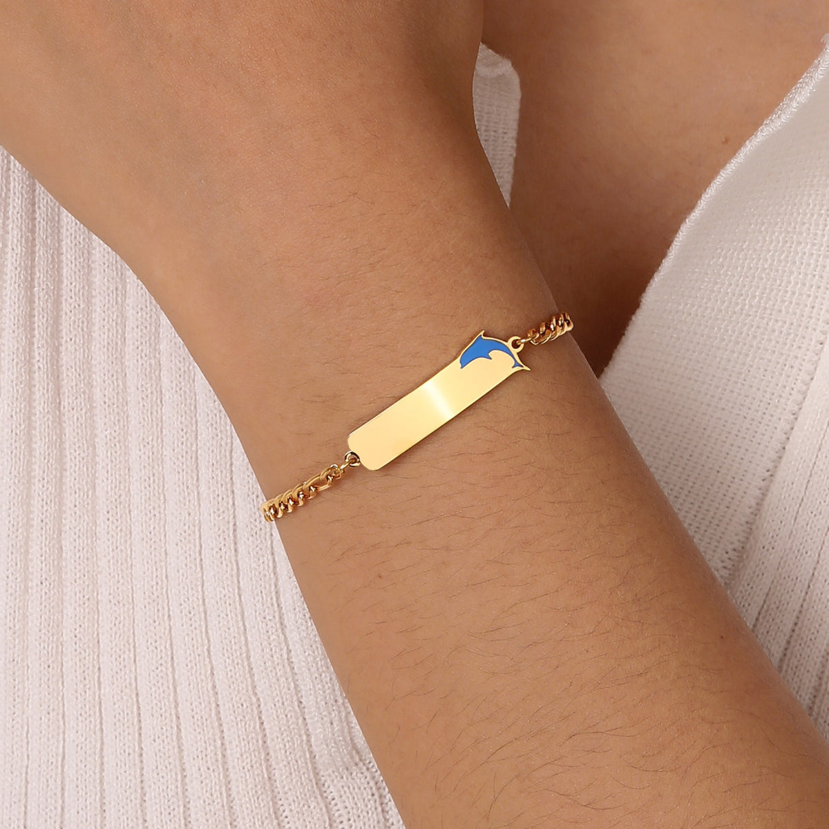 : Stainless Steel 3:1 Nk Chain Drop Blue Rubber Dolphin Curved Badge Bracelet For Gold