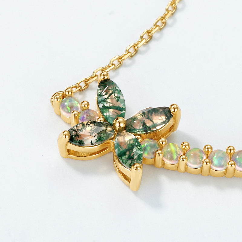 S925 Sterling Silver Gold-Plated Moss Agate Flower Necklace