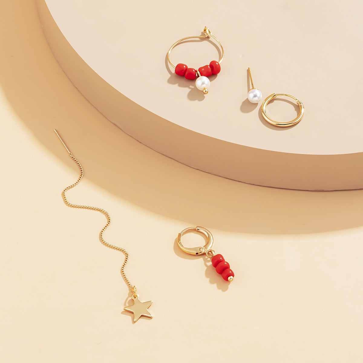 Beige Pearl Earrings and Geometric Star Shaped Earrings Set with Cross-border Jewelry