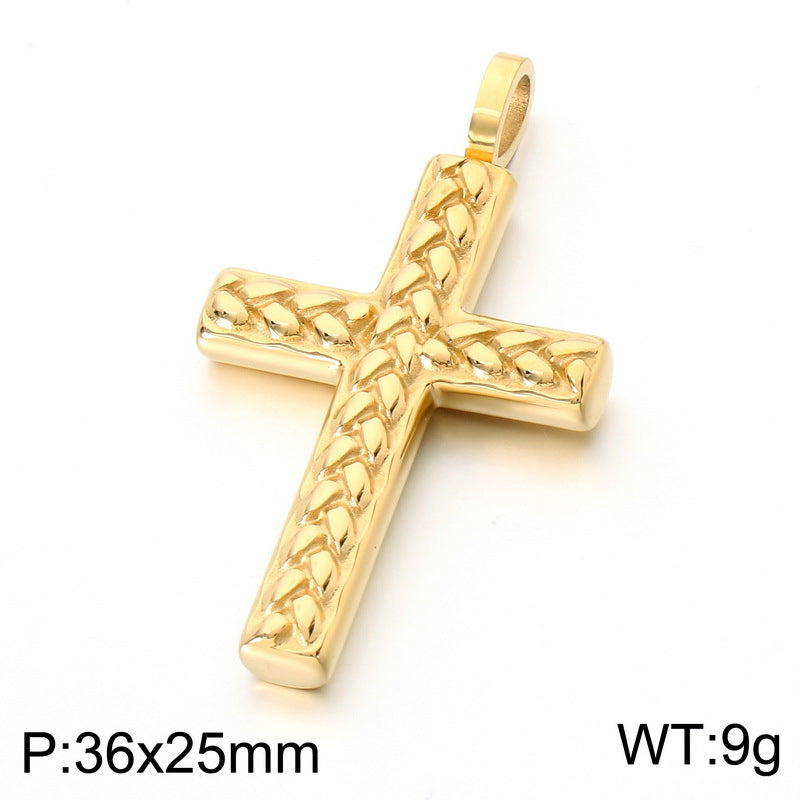 Round Bead Chain Trendy Three-Dimensional Wheat Ear Pattern Cross Pendant, Stainless Steel Square Necklace
