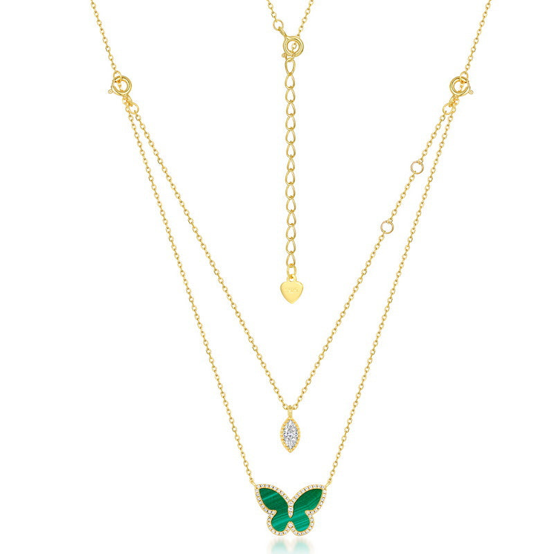 Marquise Shape Zircon Malachite Butterfly Double Layer Sterling Silver Necklace