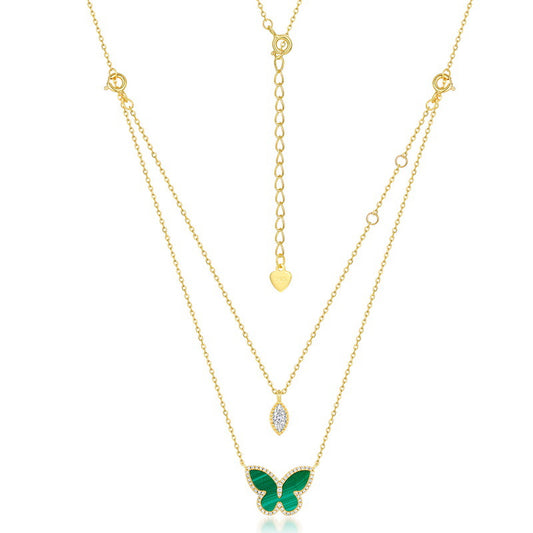 Marquise Shape Zircon Malachite Butterfly Double Layer Sterling Silver Necklace