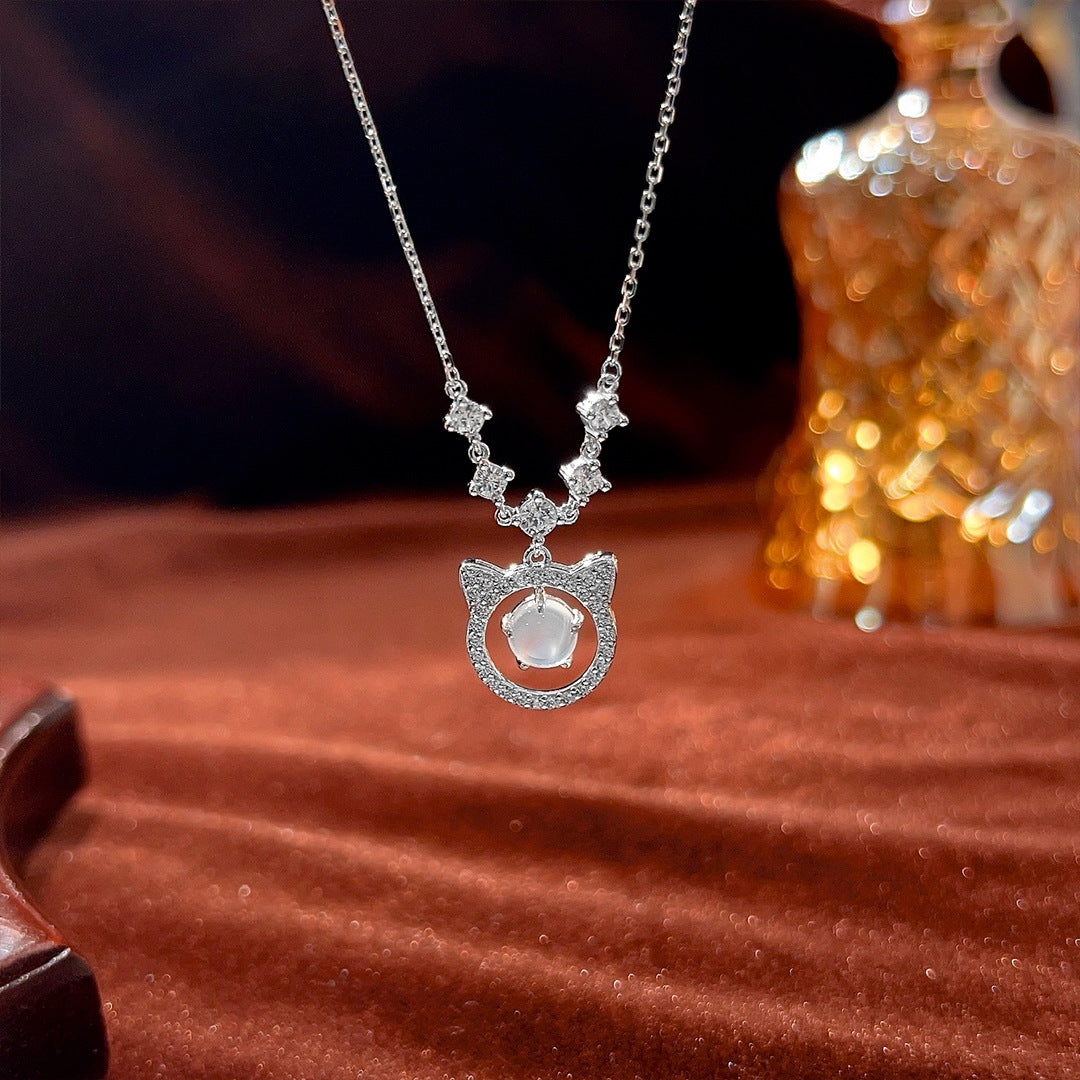 S925 Sterling Silver Cat Chalcedony Inlaid Necklace Female Cute Design