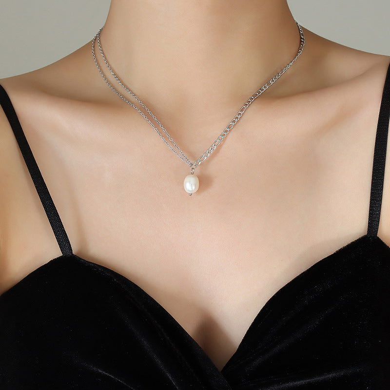 Spicy Girl Freshwater Pearl Necklace with Double Chain - Elegant 18K Gold-Plated Collarbone Neckchain