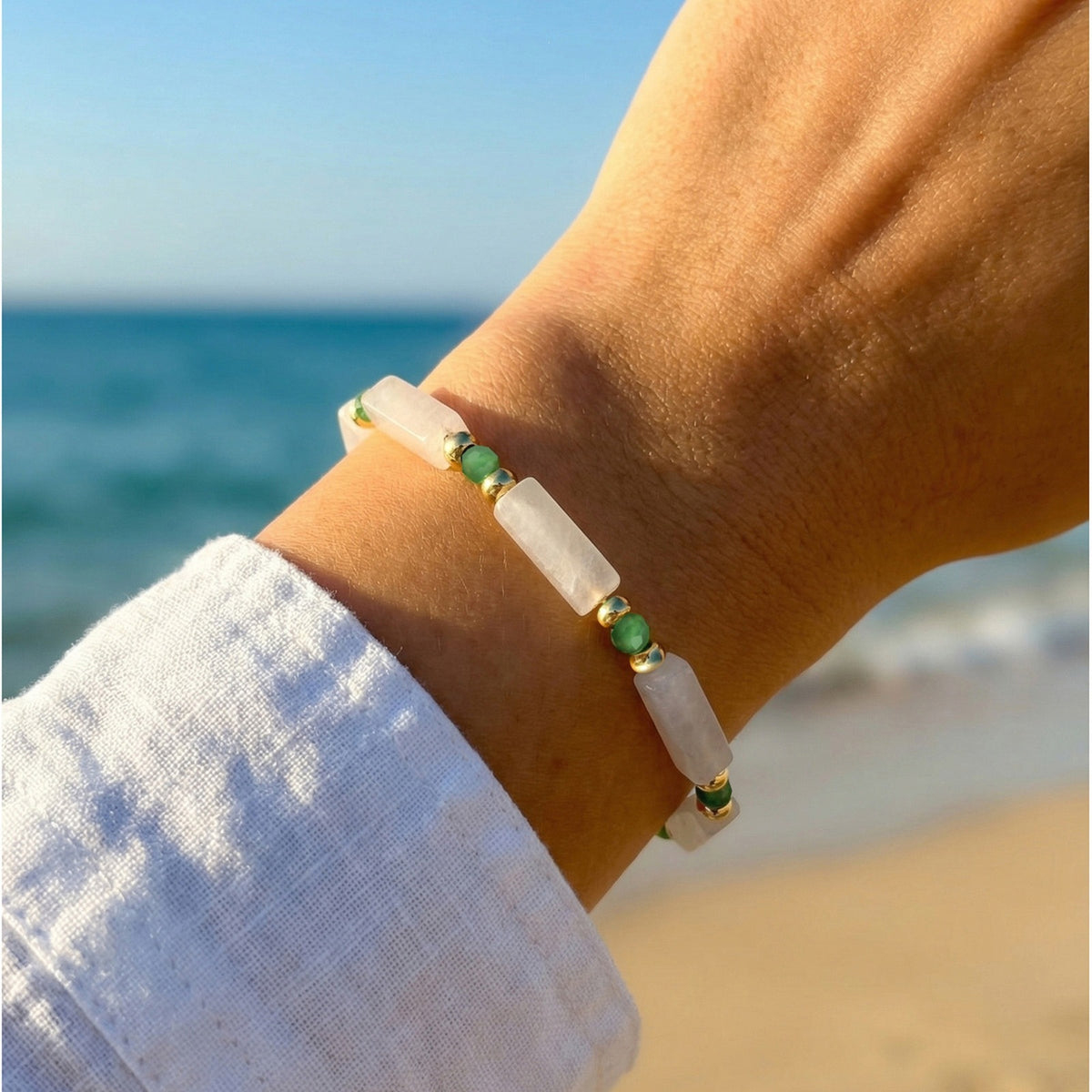 White Jade Bead Stainless Steel Bracelet