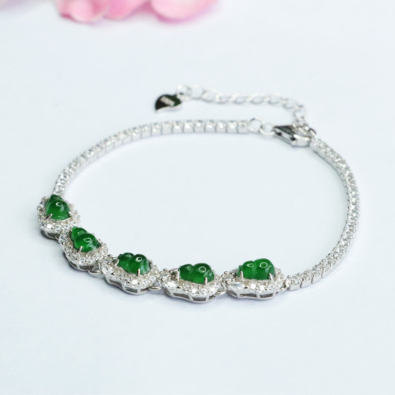 Jade Gourd Ice Seed Emperor Green Sterling Silver Bracelet
