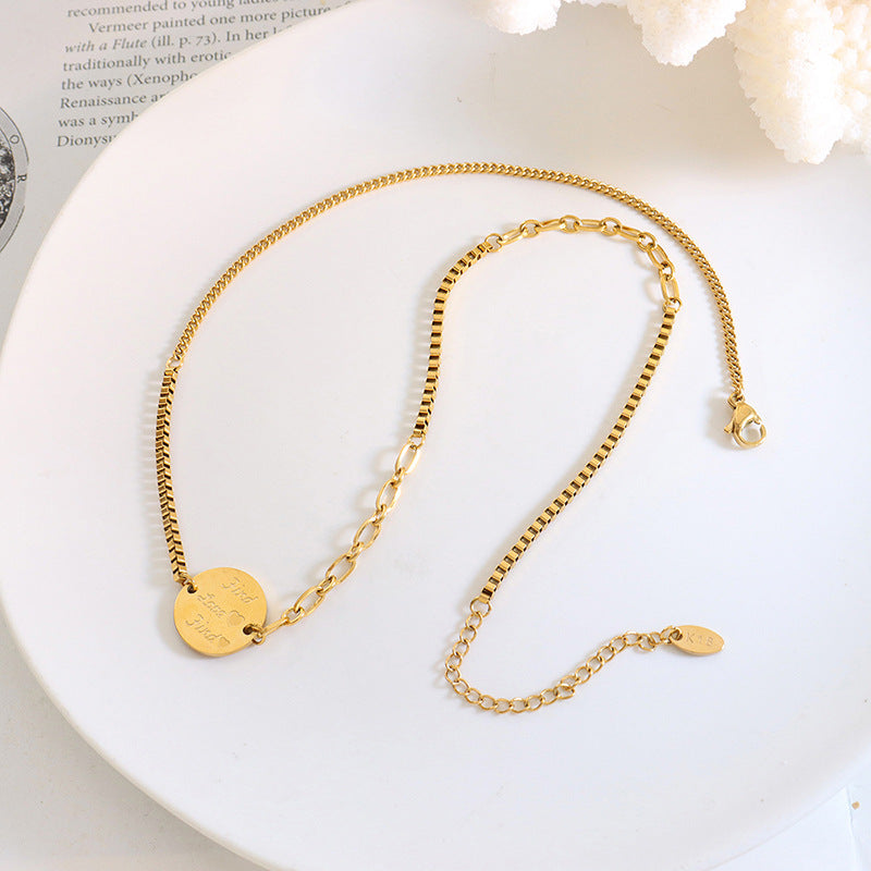 Trendy Titanium Steel Collar Necklace with Round Pendant and Spliced Chain