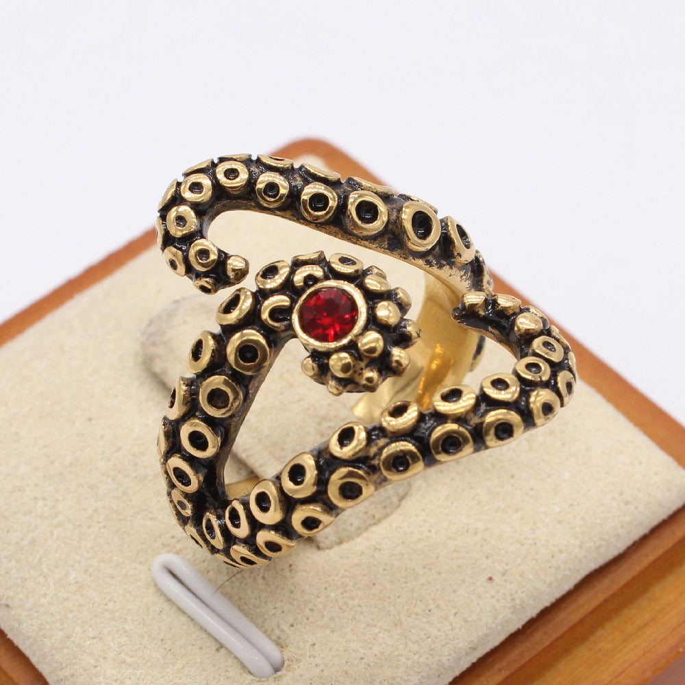 Retro Octopus Men's Titanium Steel Ring with Zircon