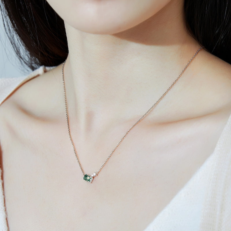 S925 Sterling Silver Moss Agate Square Pendant Necklace