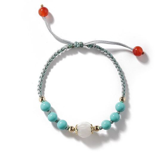 Women's Sterling Silver Braided Bracelet with Natural Turquoise, Red Agate, and Jade Beads