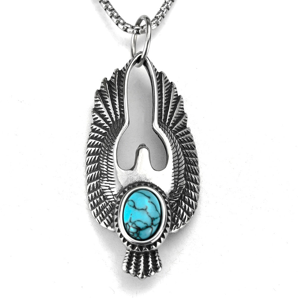 Vintage Stainless Steel Men's Pendant With Turquoise Eagle Necklace