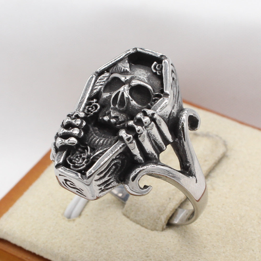 Planderful Everyday Genie Titanium Steel Ring For Men And Unisex Retro Skull Coffin Design Protection Statement