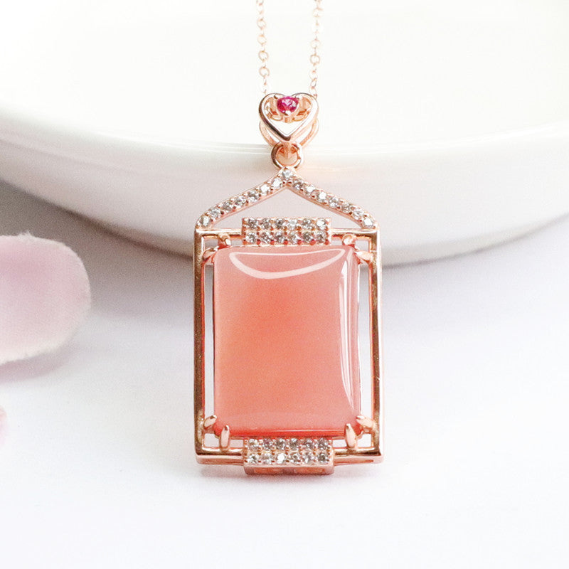 Zircon Hollow Rose Gold Necklace with Natural Rectangle Agate Pandant