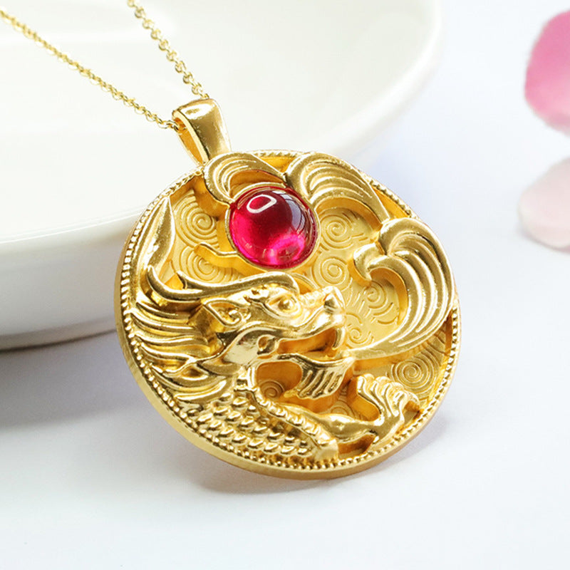 Lab-Grown Ruby Leaping Dragon Pendant — No Chain