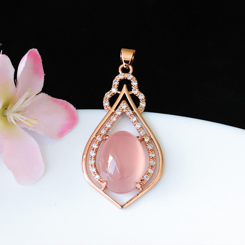 Rose Gold Pendant with Pink and Green Chalcedony Zircon Peach Heart Jewelry