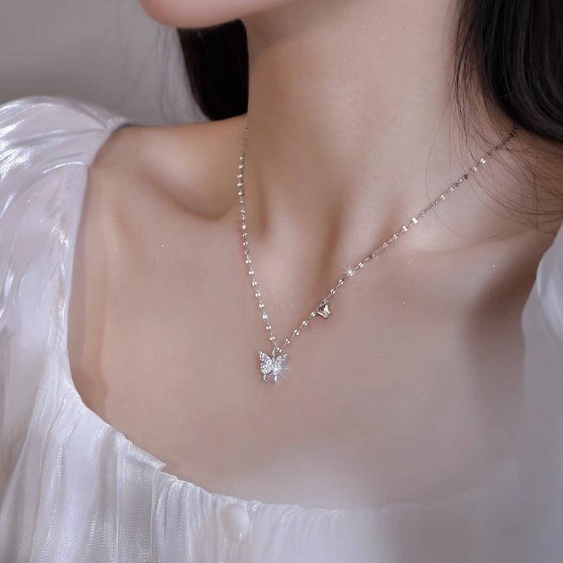 S925 Sterling Silver Butterfly Necklace Women's Premium Clavicle Chain