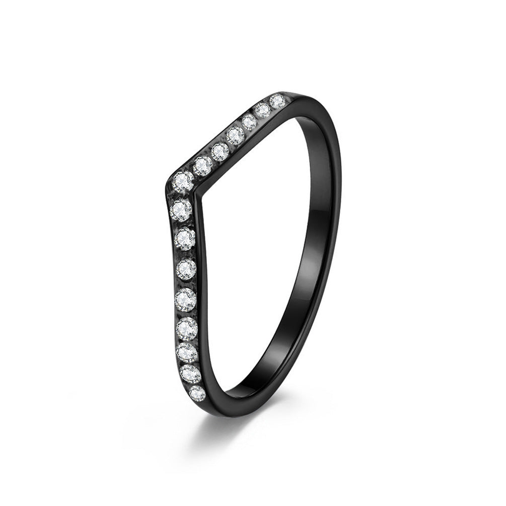 Amazon V-Shaped Peach Heart Titanium Steel Zircon Ring Women Stackable Jewelry Wholesale