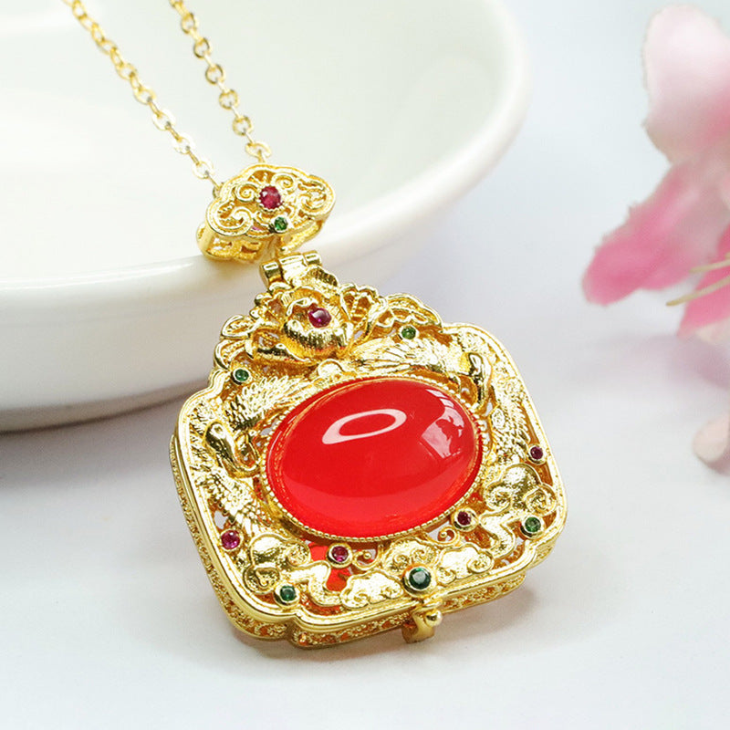 Oval Red Agate Phoenix Sachet Openable Golden Pendant