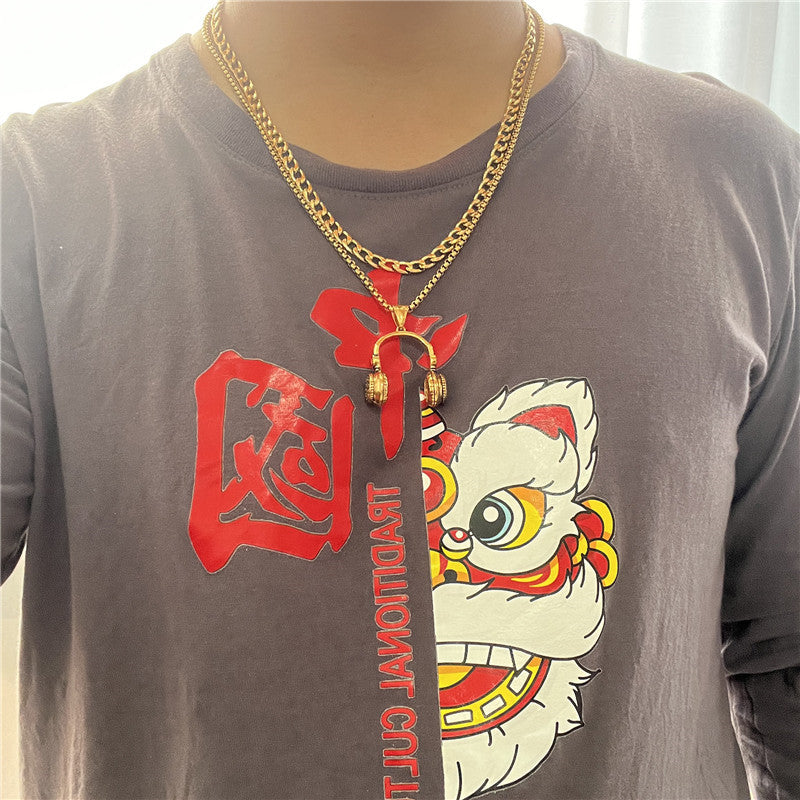 Trendy Titanium Steel Earphone Pendant Necklace for Men and Women - Retro Rock Design