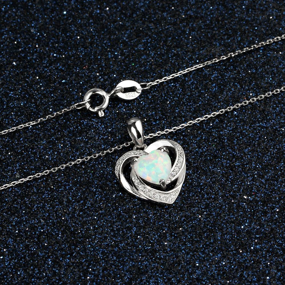 Planderful Jewelry Sterling Silver Opal Heart Pendant Necklace For Women Handcrafted Fine Jewelry Gift Ready