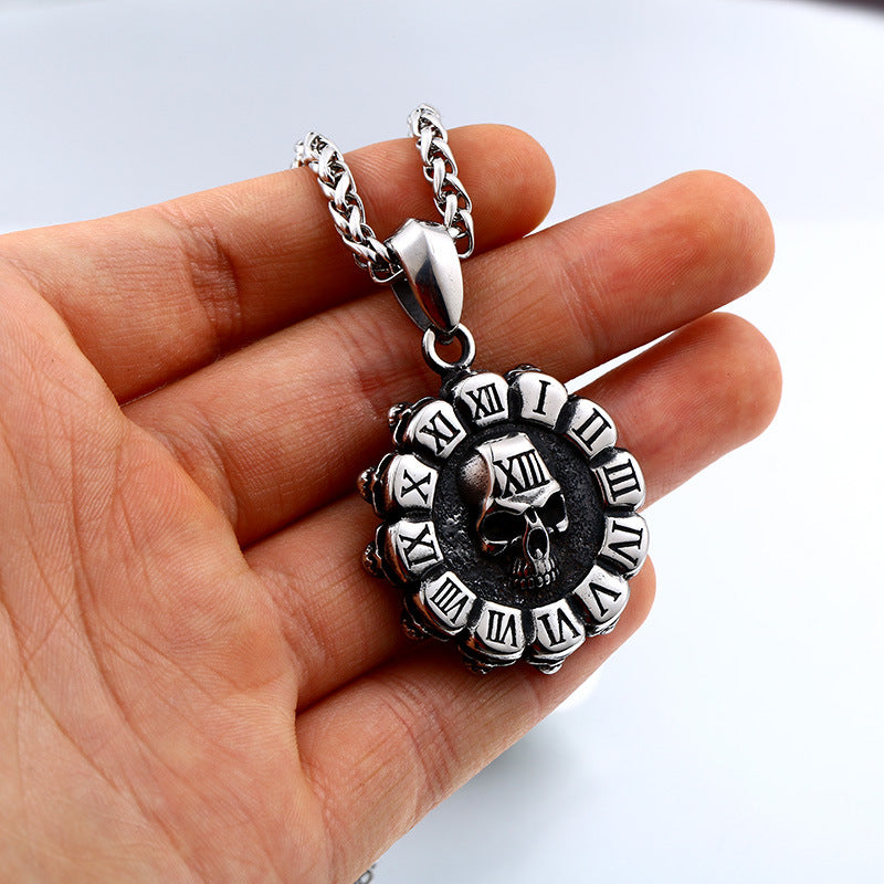 Men's Retro Punk Skull Pendant with Roman Numerals in Titanium Steel - European and American Style Jewelry