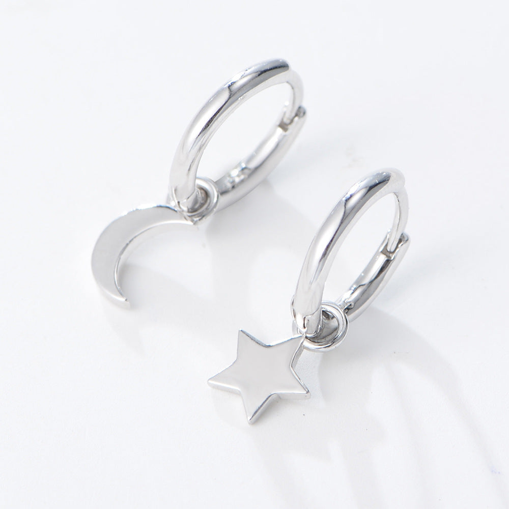 S925 Sterling Silver Star Moon Earrings Asymmetrical Gold-Plated Earrings