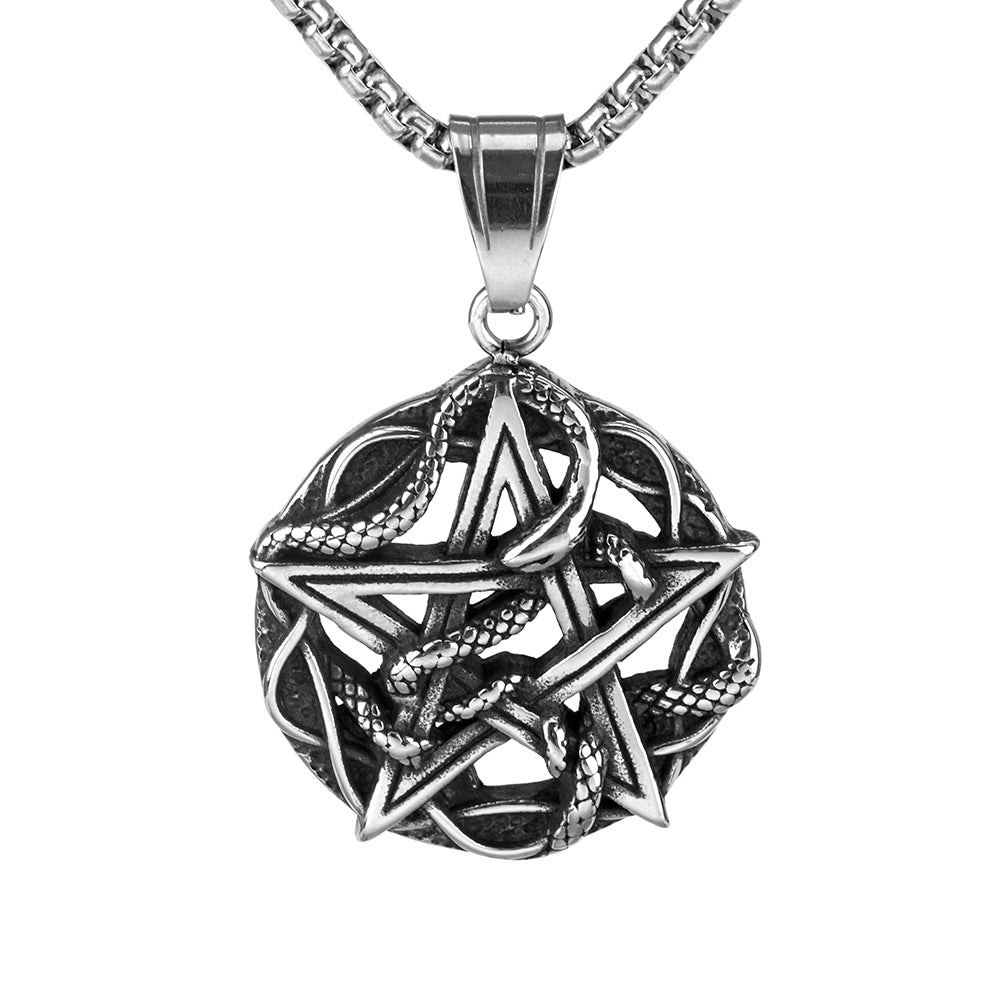 European And American Retro Men's Stainless Steel Pendant Hexagram Snake Necklace